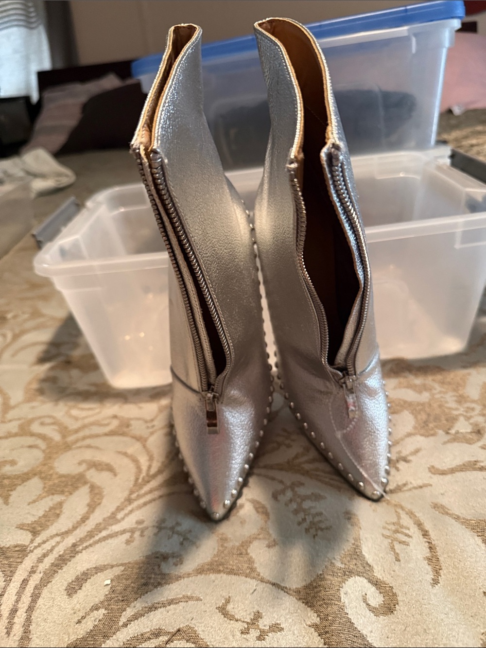 Silver Pointed Toe Studded Ankle Boots - Women